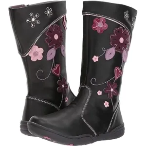 NEW BEEKO Betsey Black Boots Little Girls Sz 2 Floral Leather Stitching,Side-Zip