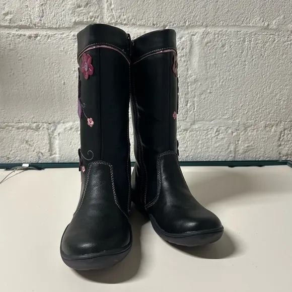 NEW BEEKO Betsey Black Boots Little Girls Sz 2 Floral Leather Stitching,Side-Zip