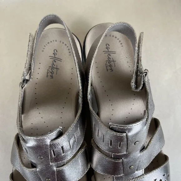 NWT Clarks Women's Lexi Qwin Leather Pewter Metallic Sandals Sz 12 Medium No Box