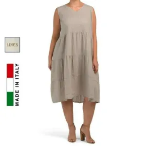 NWT ROSEMARINE Plus Made In Italy Linen Sleeveless V-Neck Tiered Midi Dress