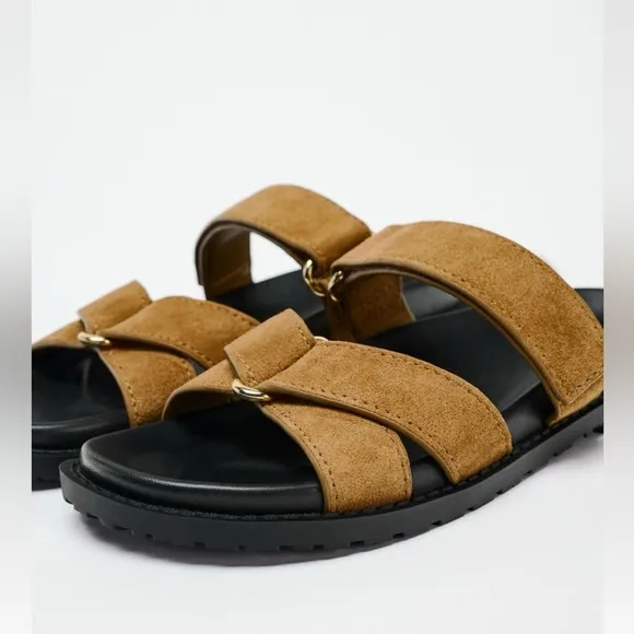 NWT Zara Suede Leather Strappy Flatform Sandals in Tan/Black - 7.5