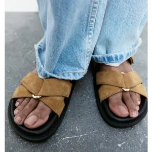 NWT Zara Suede Leather Strappy Flatform Sandals in Tan/Black - 7.5
