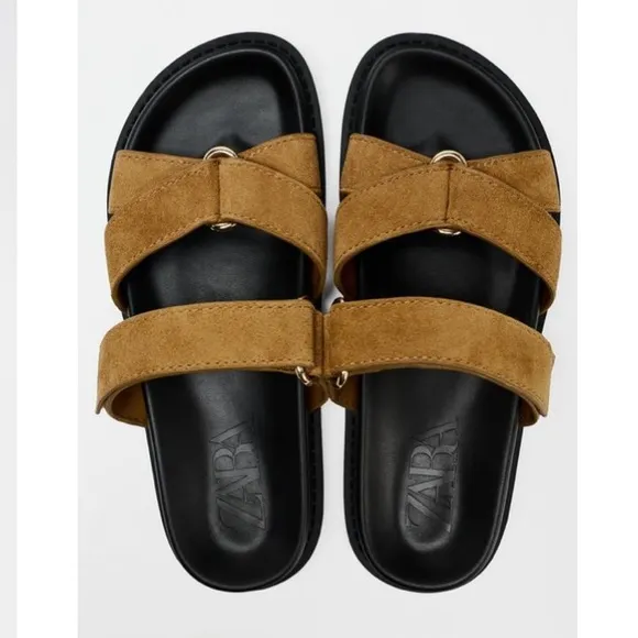 NWT Zara Suede Leather Strappy Flatform Sandals in Tan/Black - 7.5