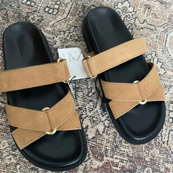 NWT Zara Suede Leather Strappy Flatform Sandals in Tan/Black - 7.5