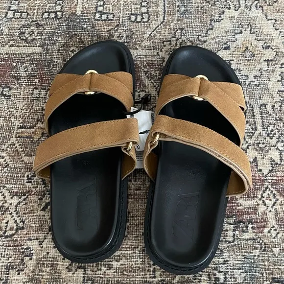 NWT Zara Suede Leather Strappy Flatform Sandals in Tan/Black - 7.5