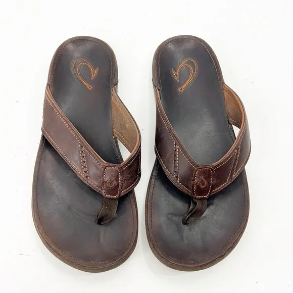 Olukai Nui Leather Sandals Flip Flops EVA Leather Footbed Outboard Straps Size 9