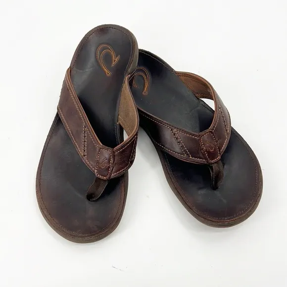 Olukai Nui Leather Sandals Flip Flops EVA Leather Footbed Outboard Straps Size 9