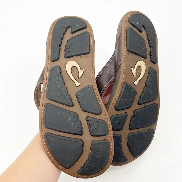 Olukai Nui Leather Sandals Flip Flops EVA Leather Footbed Outboard Straps Size 9
