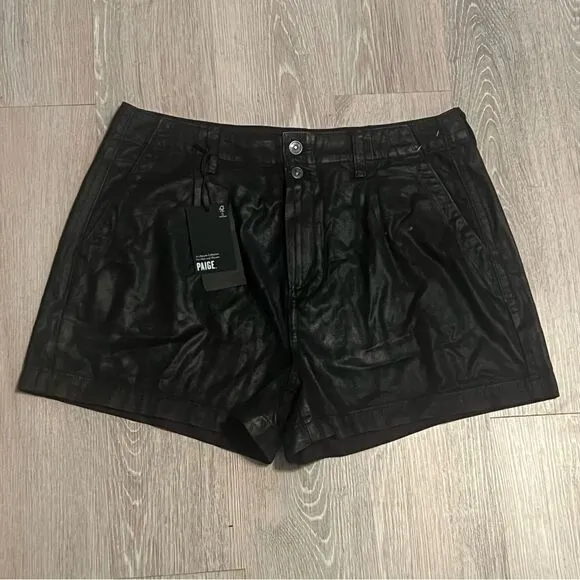 PAIGE Mayslie Pleated Shorts High Rise Black Midnight Oil Coating 32 NWT