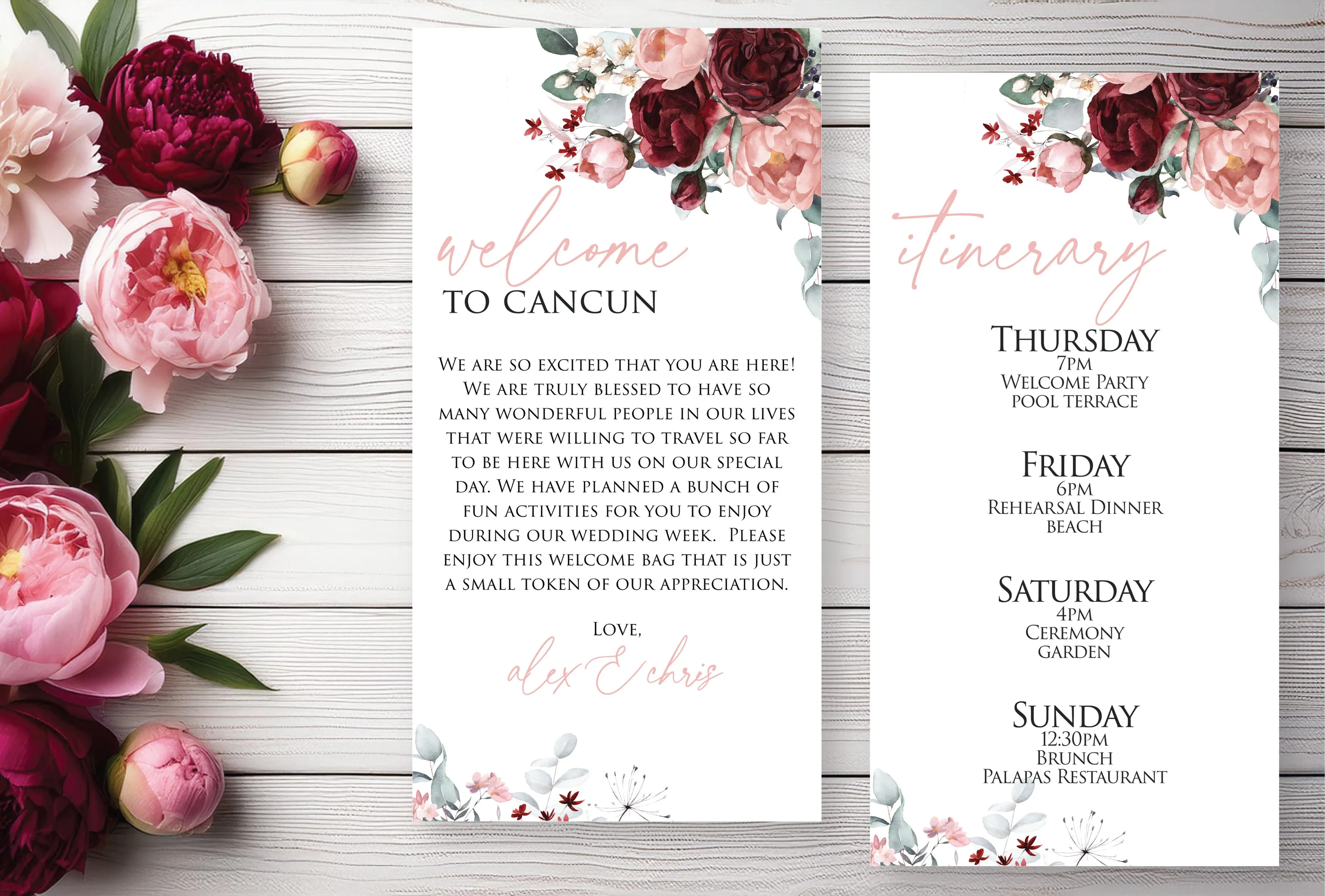 Personalized Wedding Welcome Letter & Itinerary - Peonies