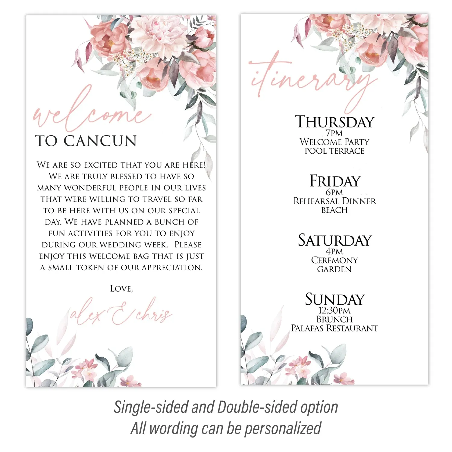 Personalized Wedding Welcome Letter & Itinerary - Peonies