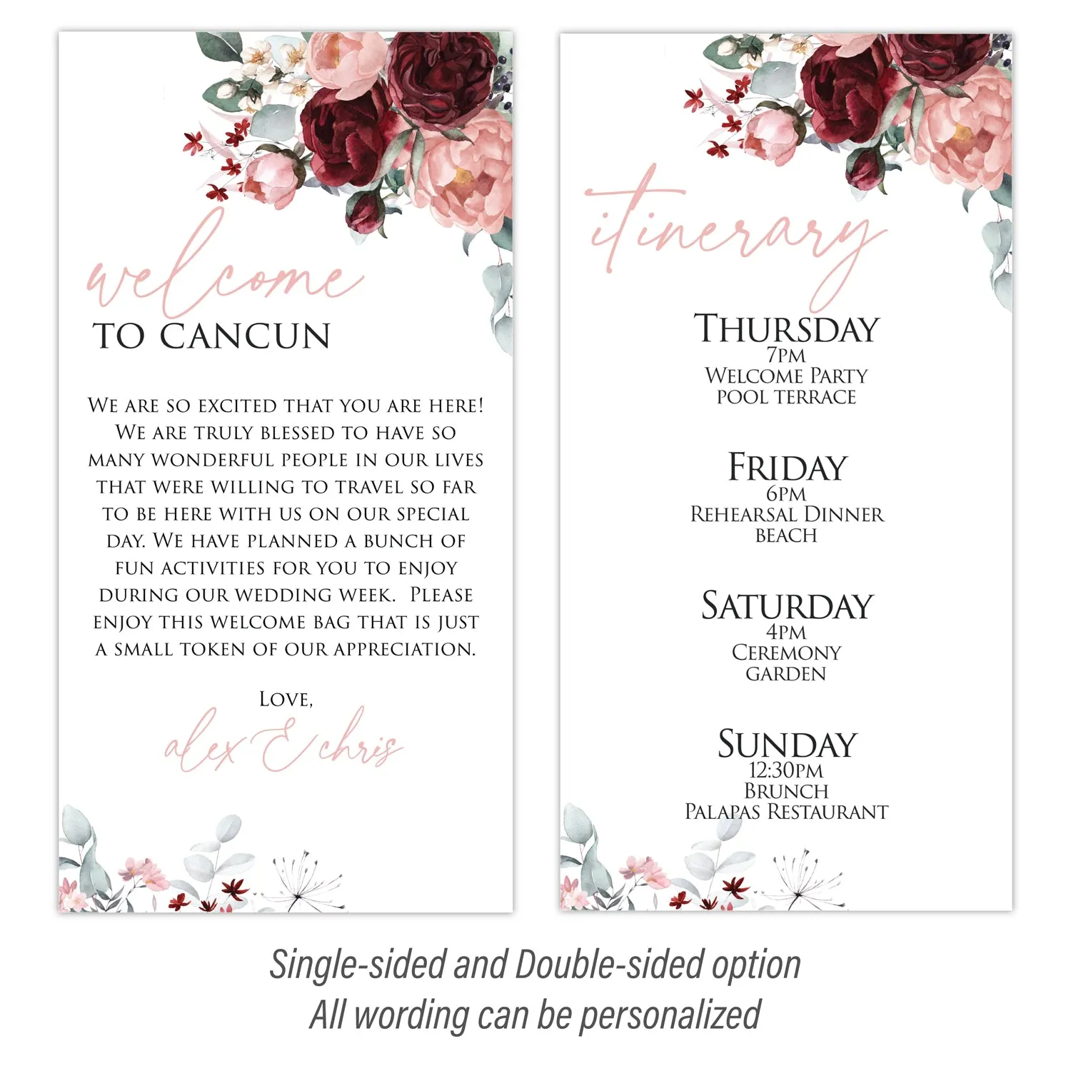 Personalized Wedding Welcome Letter & Itinerary - Peonies