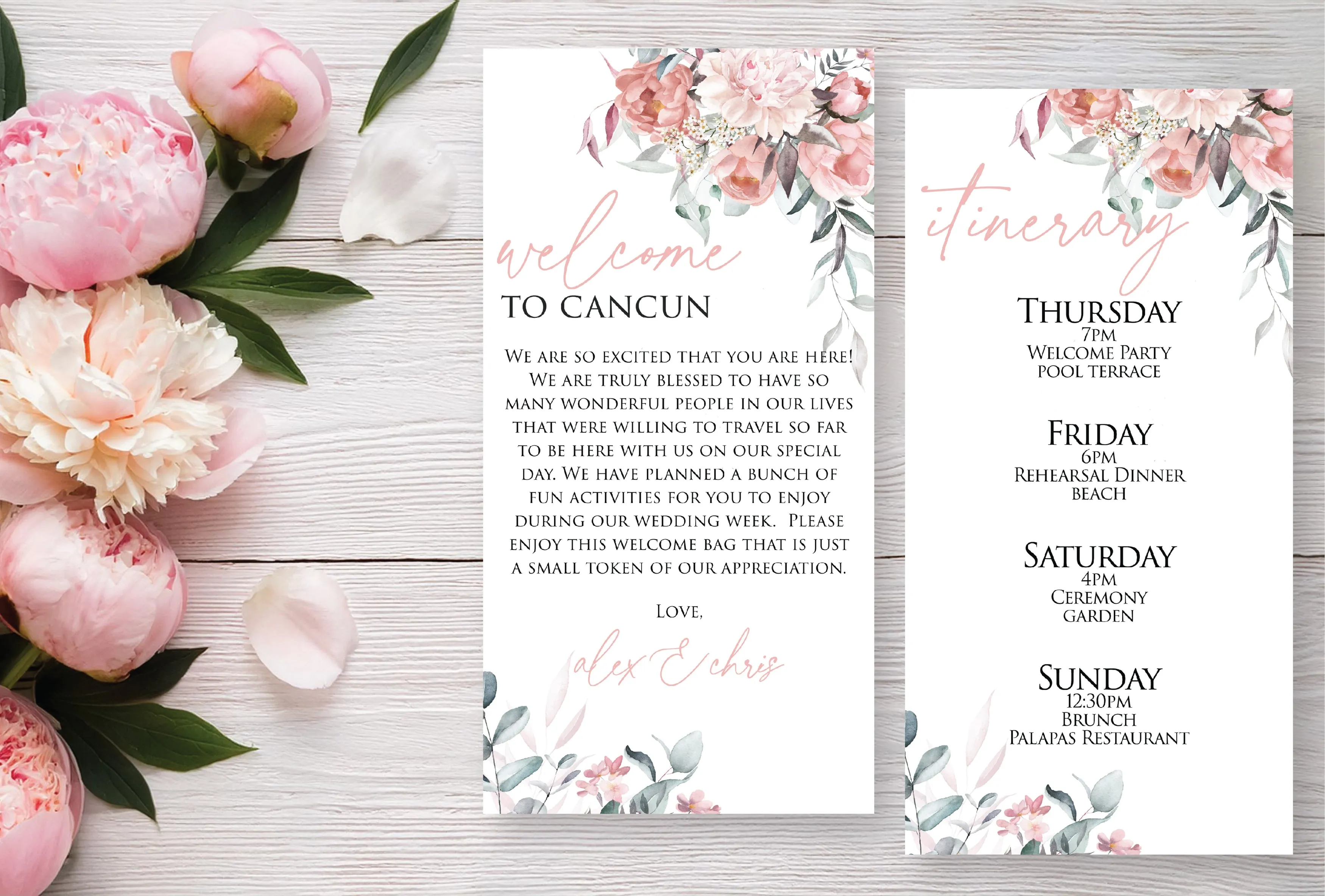 Personalized Wedding Welcome Letter & Itinerary - Peonies