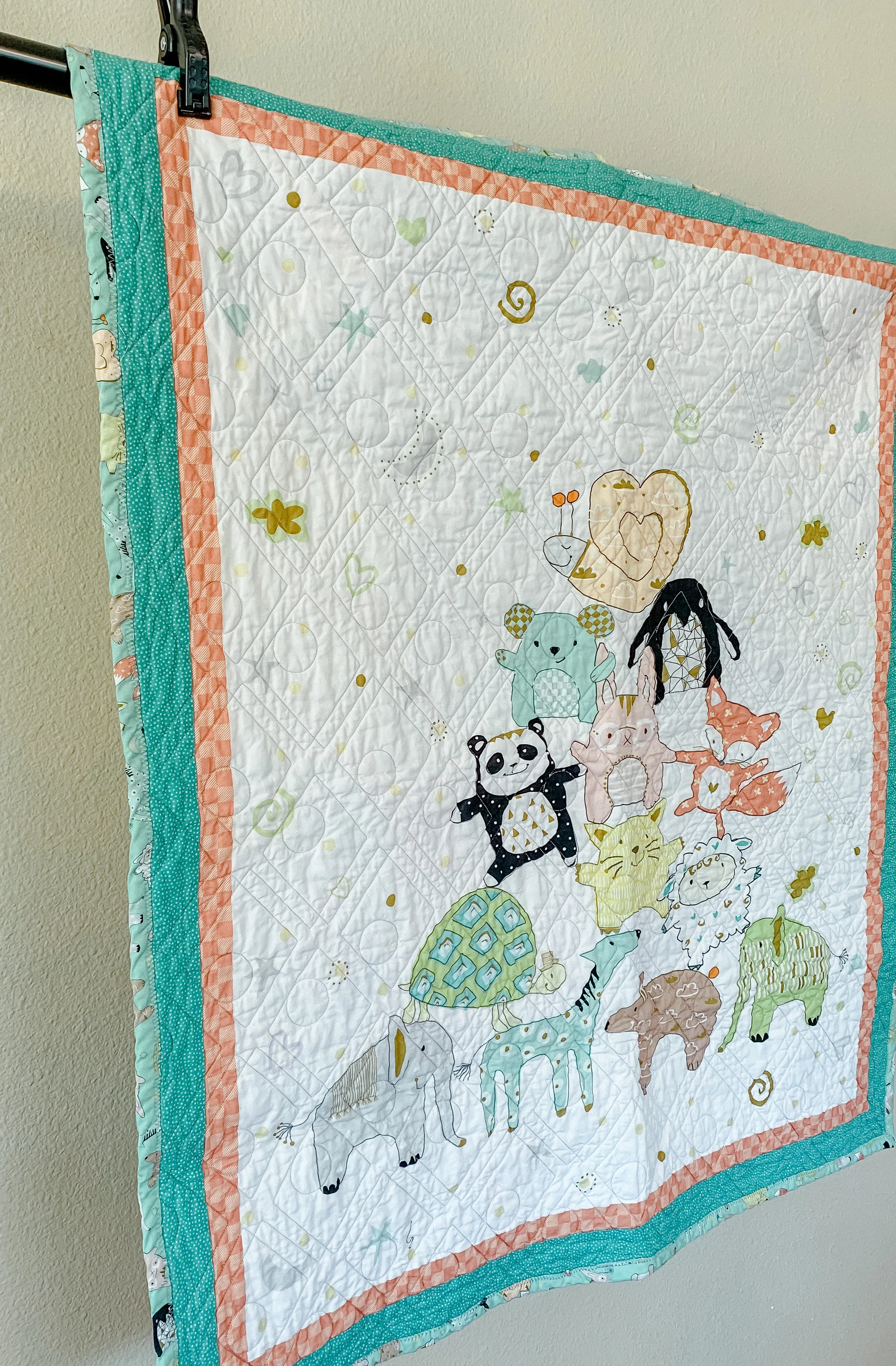 Playful Teal and Orange Animal Pyramid: Handmade Baby Quilt