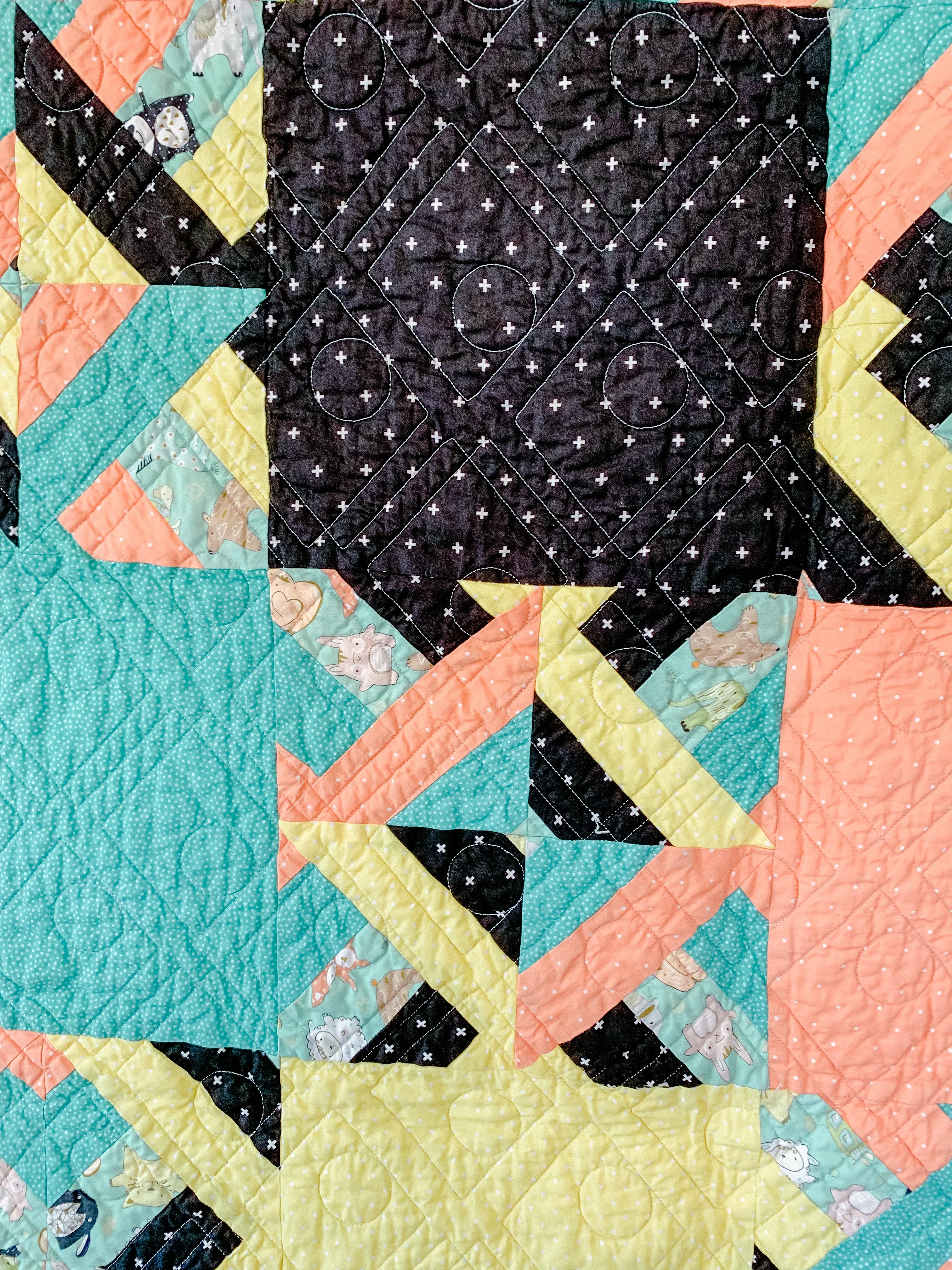 Playful Teal and Orange Animal Pyramid: Handmade Baby Quilt