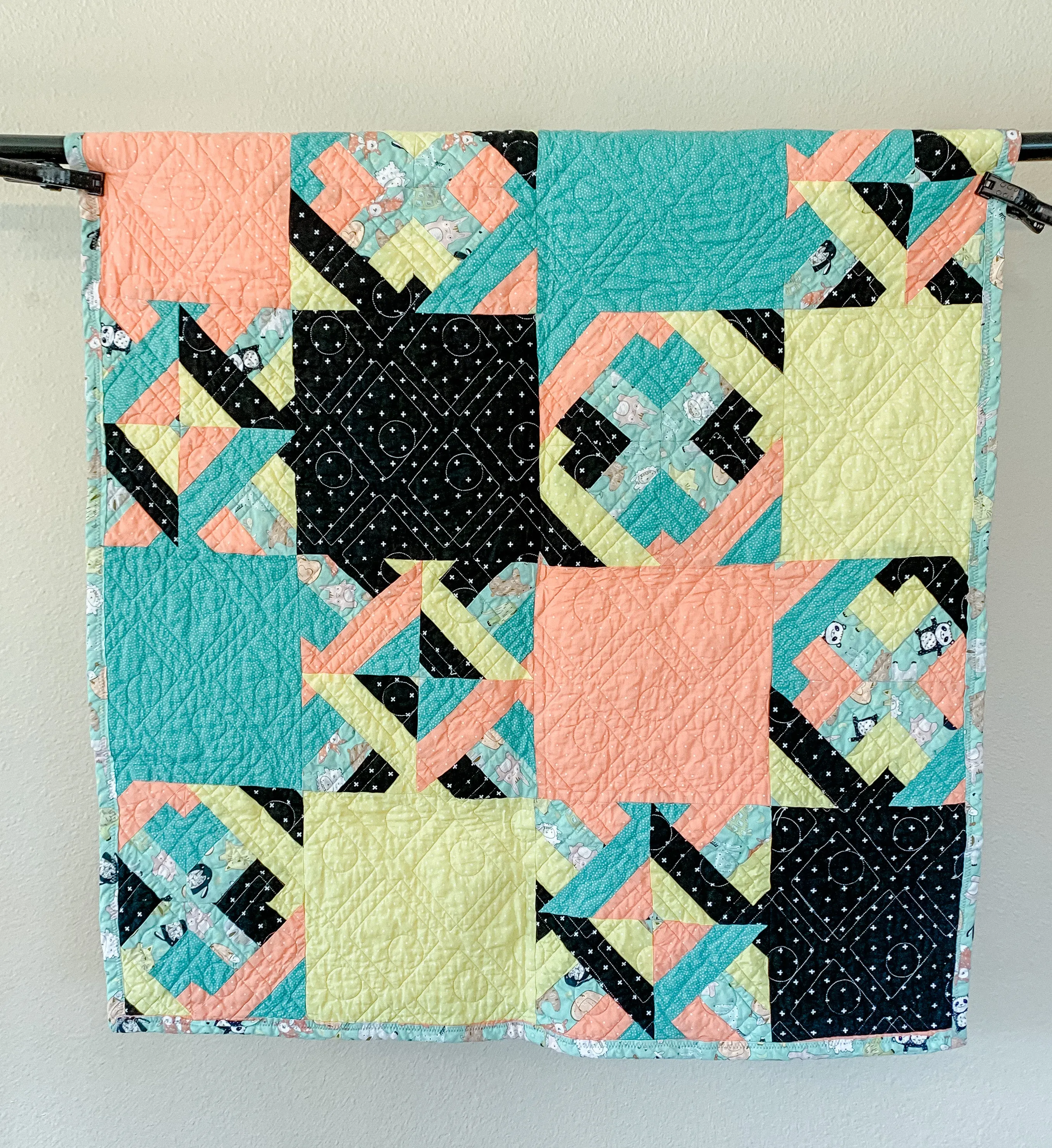 Playful Teal and Orange Animal Pyramid: Handmade Baby Quilt