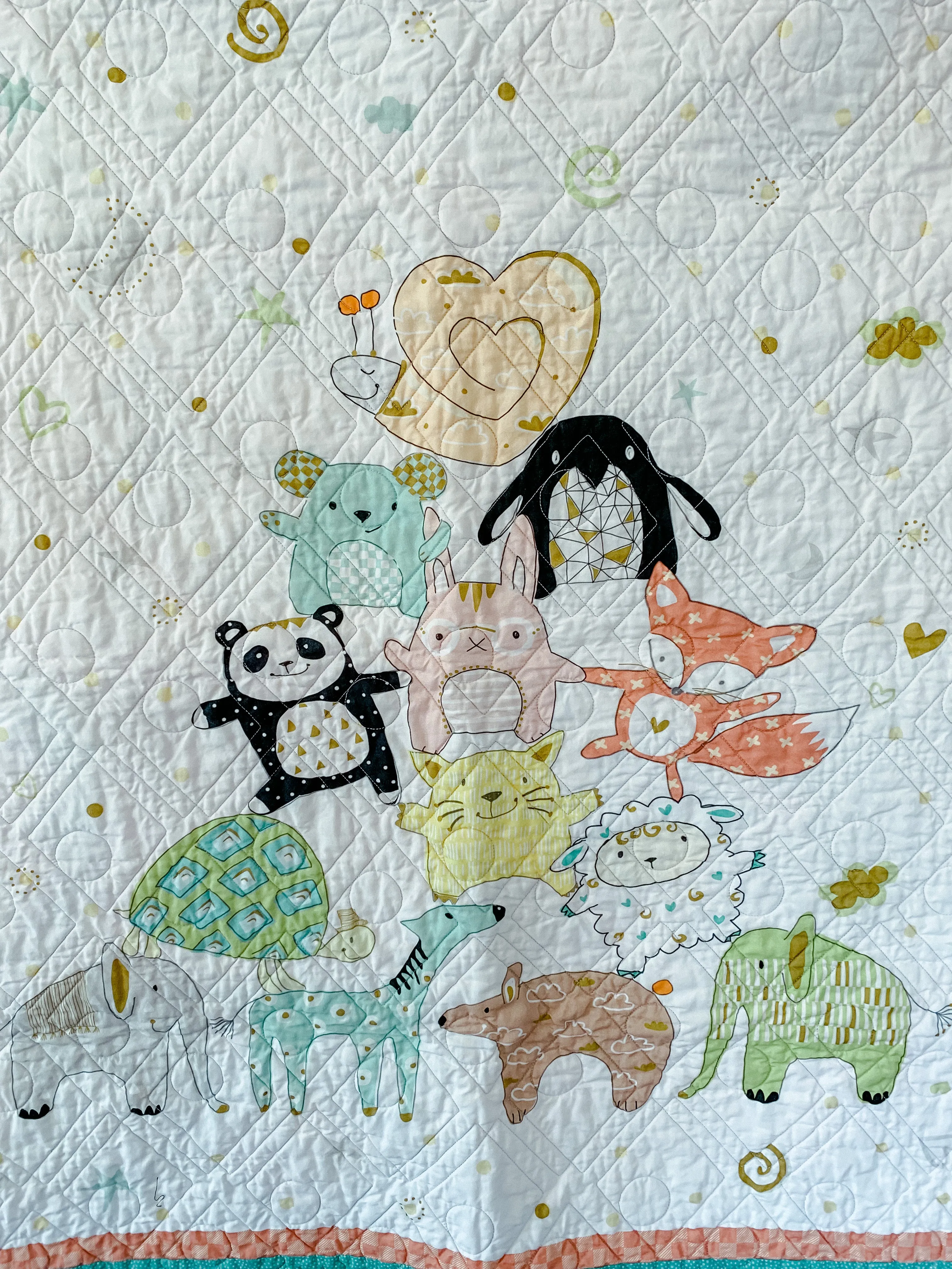 Playful Teal and Orange Animal Pyramid: Handmade Baby Quilt