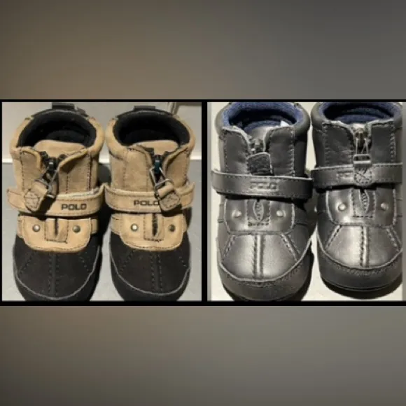 Polo Baby Boots 2 pair Taupe Brown Black Leather Zip Sz 4 9-12 mo Ralph Lauren