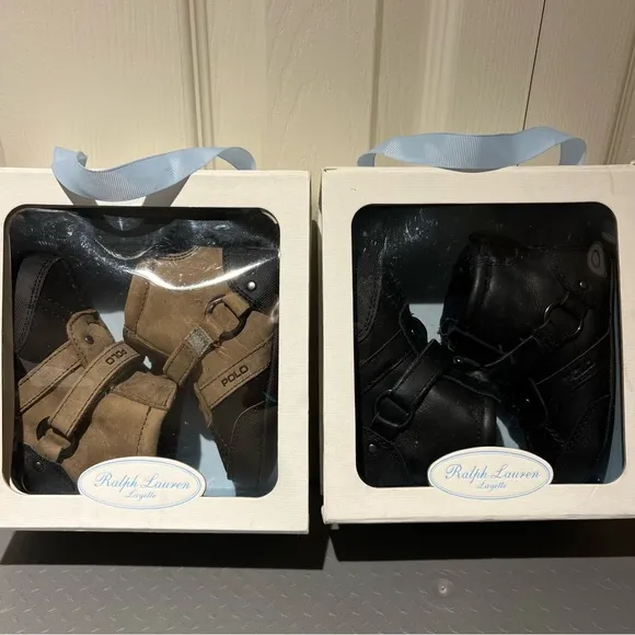 Polo Baby Boots 2 pair Taupe Brown Black Leather Zip Sz 4 9-12 mo Ralph Lauren