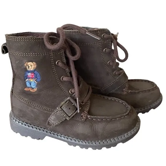 Polo Ralph Lauren Ranger Hi II Sweater Bear American Flag Buckle Boots Kid Sz 10