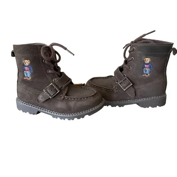 Polo Ralph Lauren Ranger Hi II Sweater Bear American Flag Buckle Boots Kid Sz 10
