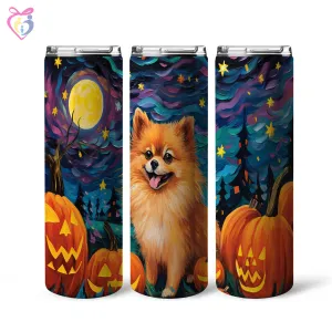 Pomeranians Halloween With Pumpkin 20oz Skinny Tumbler, Holiday Skinny Tumbler, For Dog Lovers, Vibrant Tumbler, Trending Tumbler