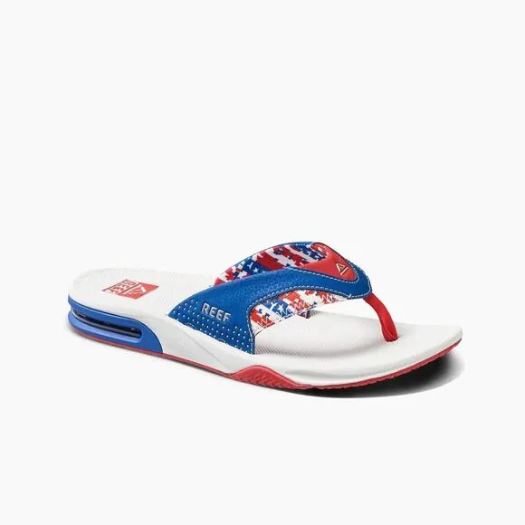 Reef Fanning Flip Flops Mens 9 Patriotic Red White Blue USA Bottle Opener Sandal