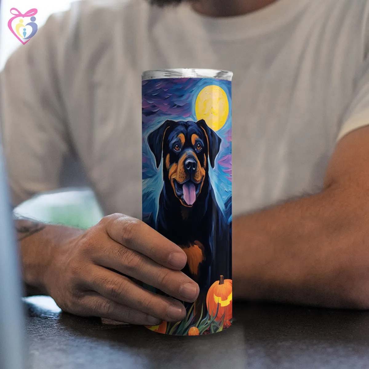 Rottweiler Halloween With Pumpkin 20oz Skinny Tumbler, Holiday Skinny Tumbler, For Dog Lovers, Vibrant Tumbler, Trending Tumbler
