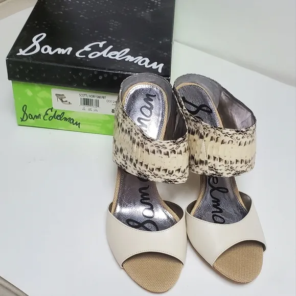 Sam Edelman Scotti Ivory Leather Snake Skin Sandals 8.5&quot;