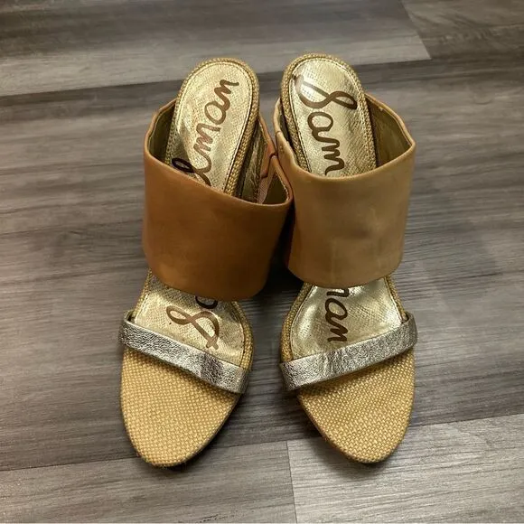 Sam Edelman Yoselin Mules Block Heels Sandals Leather Tan Gold Metallic SZ 8