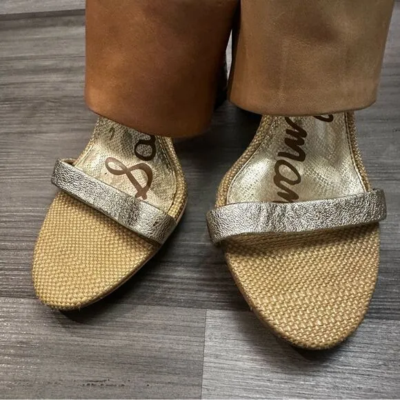 Sam Edelman Yoselin Mules Block Heels Sandals Leather Tan Gold Metallic SZ 8