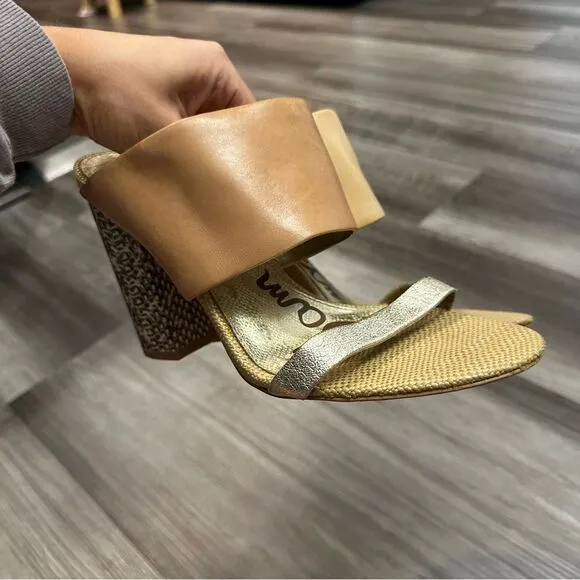 Sam Edelman Yoselin Mules Block Heels Sandals Leather Tan Gold Metallic SZ 8