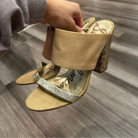 Sam Edelman Yoselin Mules Block Heels Sandals Leather Tan Gold Metallic SZ 8