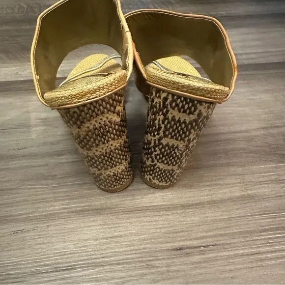 Sam Edelman Yoselin Mules Block Heels Sandals Leather Tan Gold Metallic SZ 8
