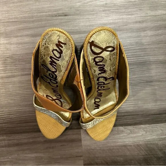 Sam Edelman Yoselin Mules Block Heels Sandals Leather Tan Gold Metallic SZ 8