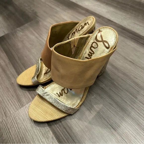 Sam Edelman Yoselin Mules Block Heels Sandals Leather Tan Gold Metallic SZ 8