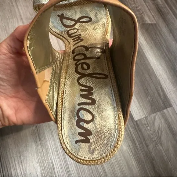 Sam Edelman Yoselin Mules Block Heels Sandals Leather Tan Gold Metallic SZ 8