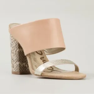 Sam Edelman Yoselin Mules Block Heels Sandals Leather Tan Gold Metallic SZ 8
