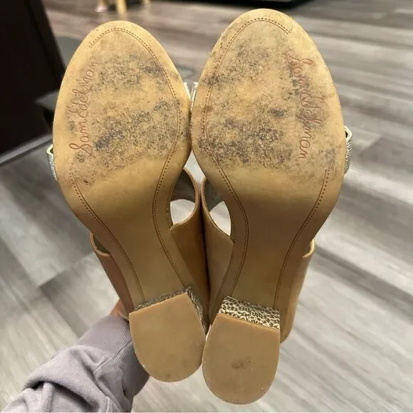Sam Edelman Yoselin Mules Block Heels Sandals Leather Tan Gold Metallic SZ 8