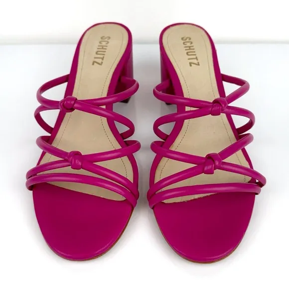 Schutz Women's Princey Block Heel Knotted Strappy Sandals Hot Pink Size 7.5