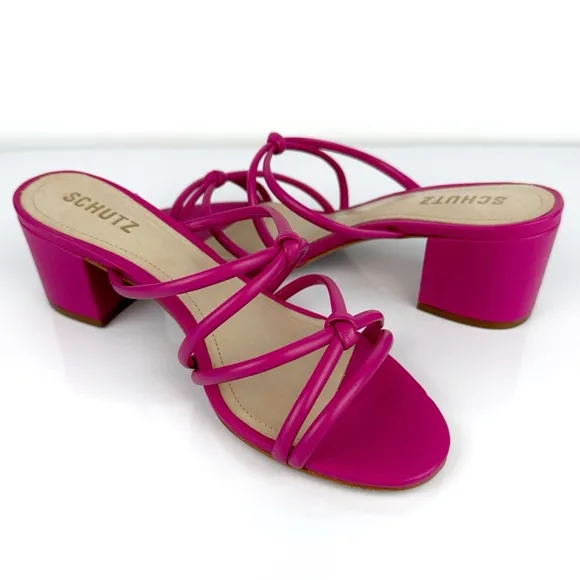 Schutz Women's Princey Block Heel Knotted Strappy Sandals Hot Pink Size 7.5