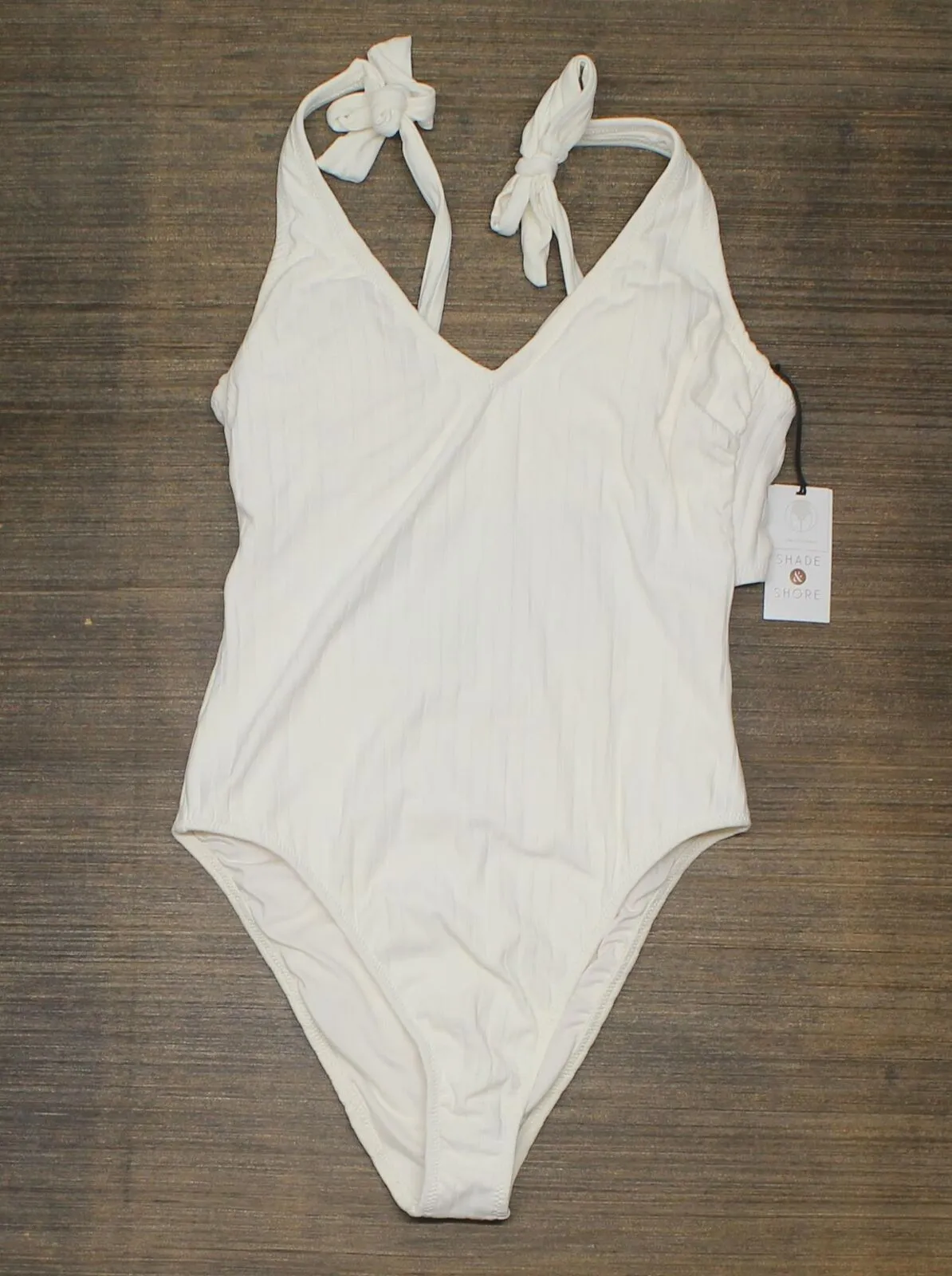 Shade & Shore Plunge Front Shoulder Tie Ribbed One Piece Swimsuit Cream Ivory S