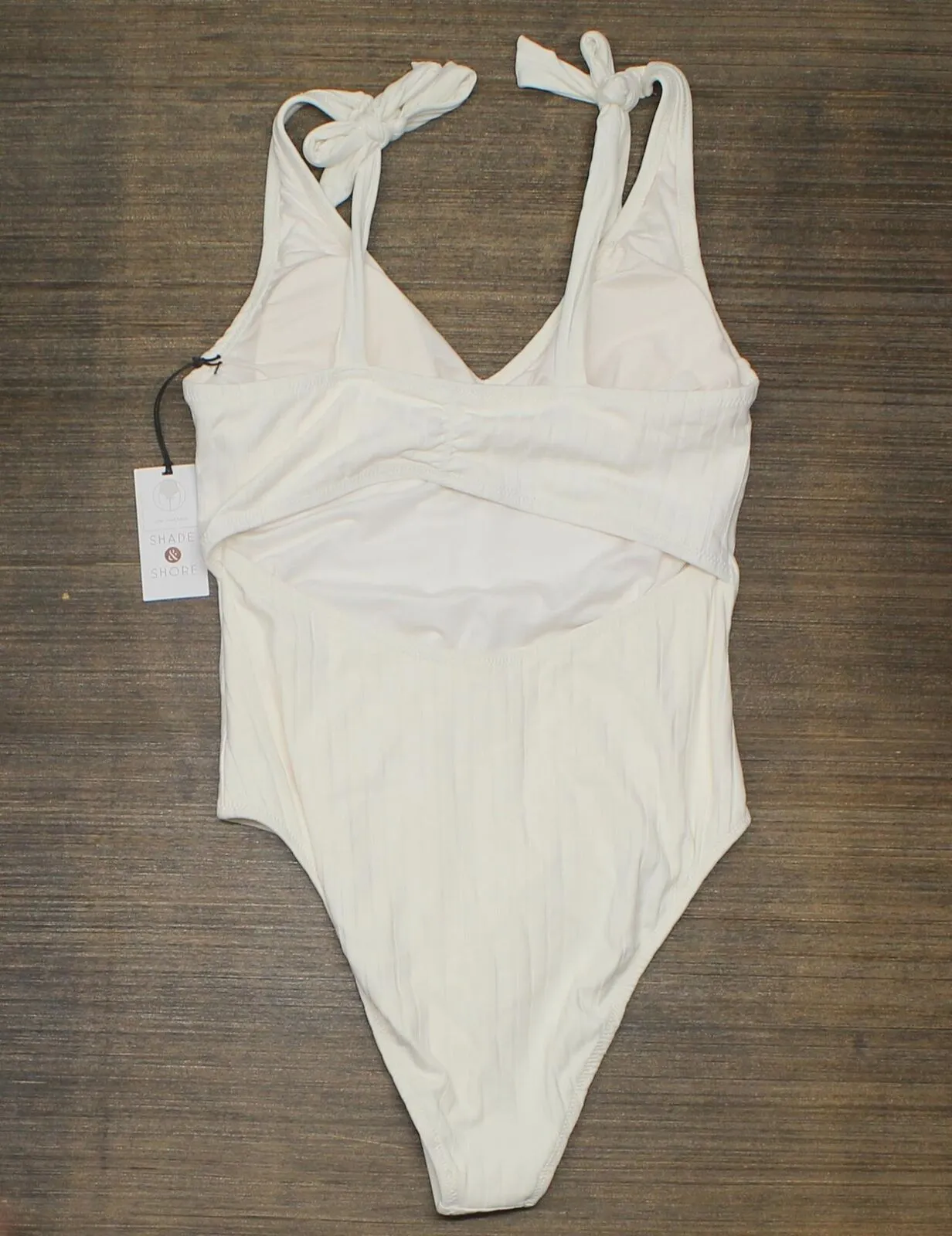 Shade & Shore Plunge Front Shoulder Tie Ribbed One Piece Swimsuit Cream Ivory S