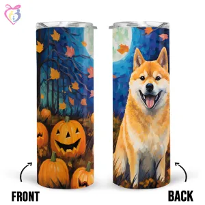 Shiba Inu Halloween With Pumpkin 20oz Skinny Tumbler, Holiday Skinny Tumbler, For Dog Lovers, Vibrant Tumbler, Trending Tumbler