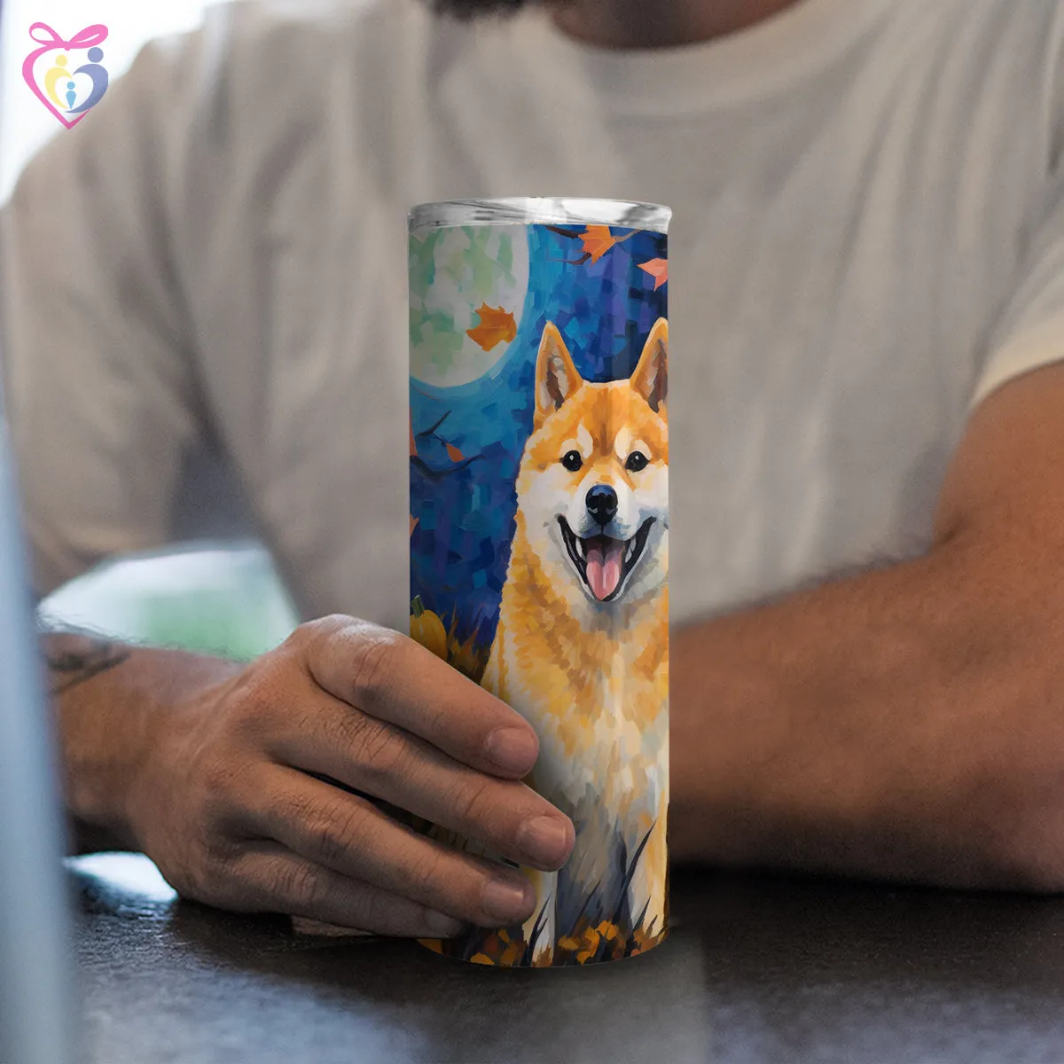 Shiba Inu Halloween With Pumpkin 20oz Skinny Tumbler, Holiday Skinny Tumbler, For Dog Lovers, Vibrant Tumbler, Trending Tumbler