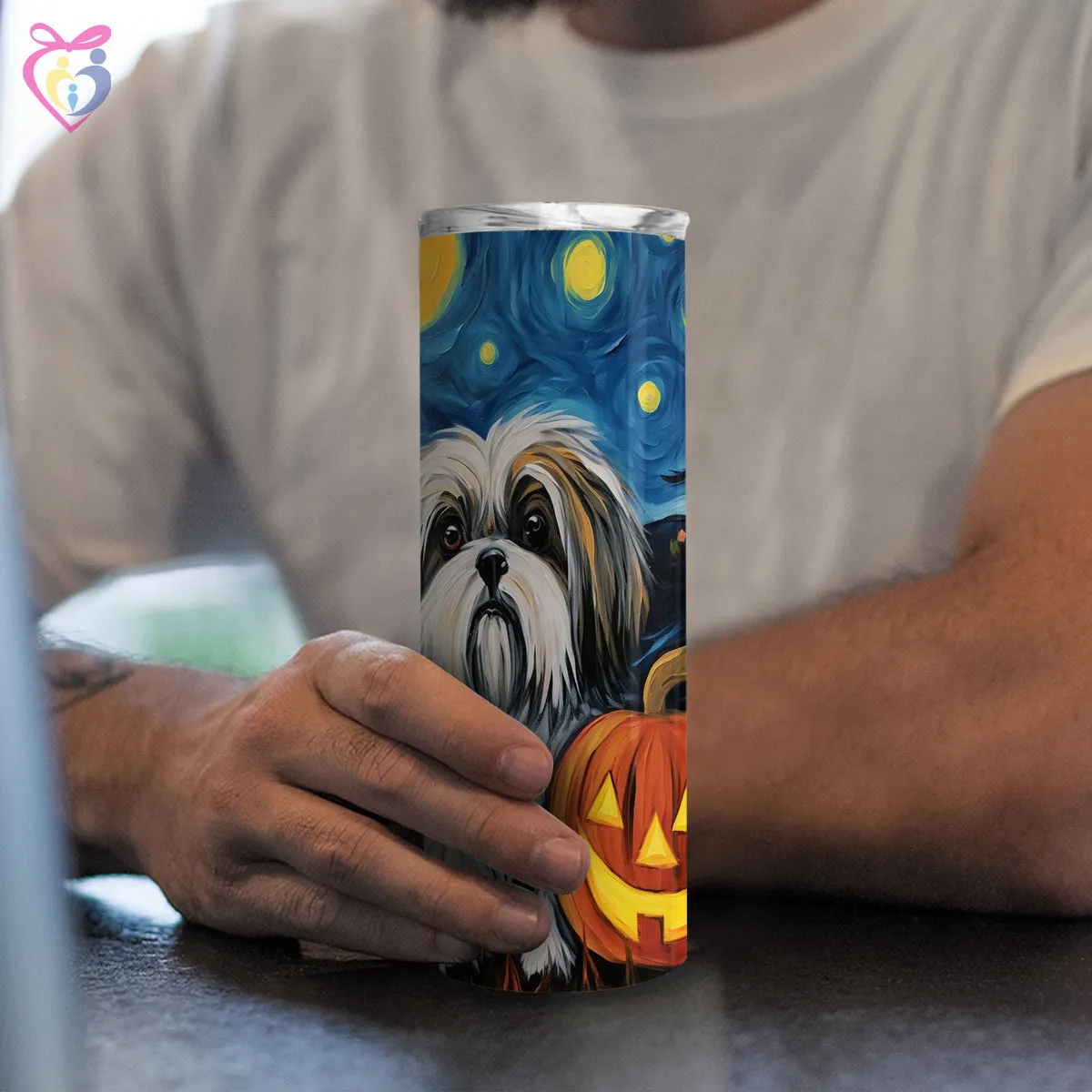 Shih Tzu Halloween With Pumpkin 20oz Skinny Tumbler, Holiday Skinny Tumbler, For Dog Lovers, Vibrant Tumbler, Trending Tumbler