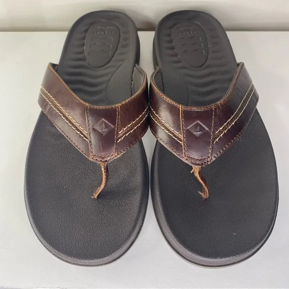 Sperry Men's Brown Leather Plushwave Flip Flops Size 9