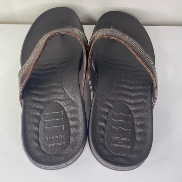 Sperry Men's Brown Leather Plushwave Flip Flops Size 9