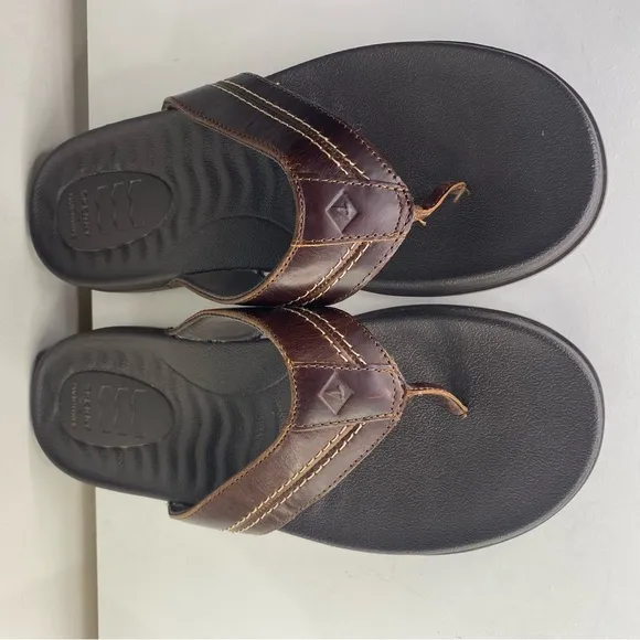 Sperry Men's Brown Leather Plushwave Flip Flops Size 9