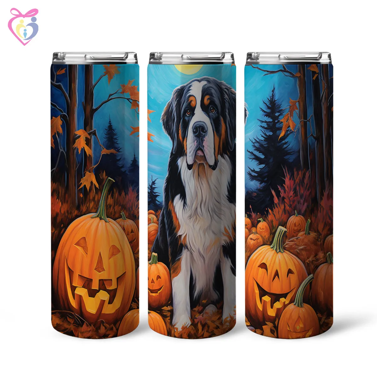 St. Bernards Halloween With Pumpkin 20oz Skinny Tumbler, Holiday Skinny Tumbler, For Dog Lovers, Vibrant Tumbler, Trending Tumbler